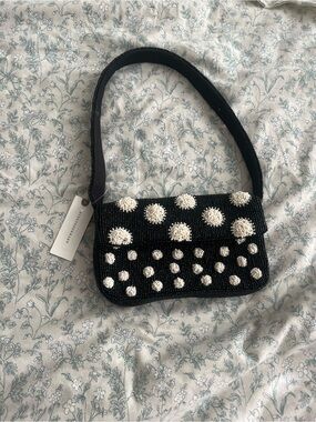 Anthropologie Black Beaded Shoulder Bag with White Dot Embellishments